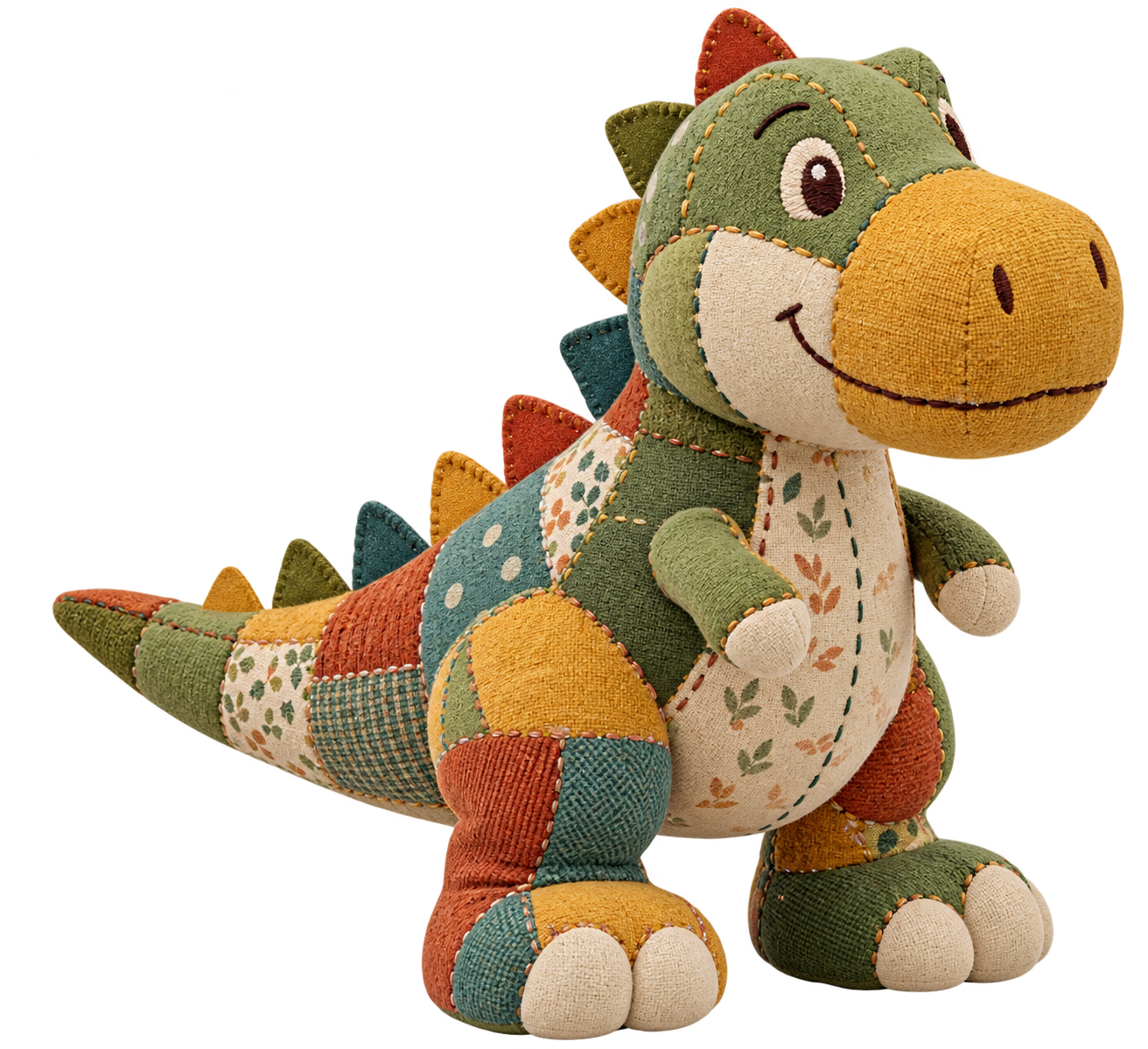 AI preview of a friendly handmade patchwork plush dinosaur with sewn eyes